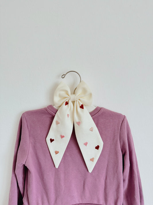 Heart Embroidered Cream Bow