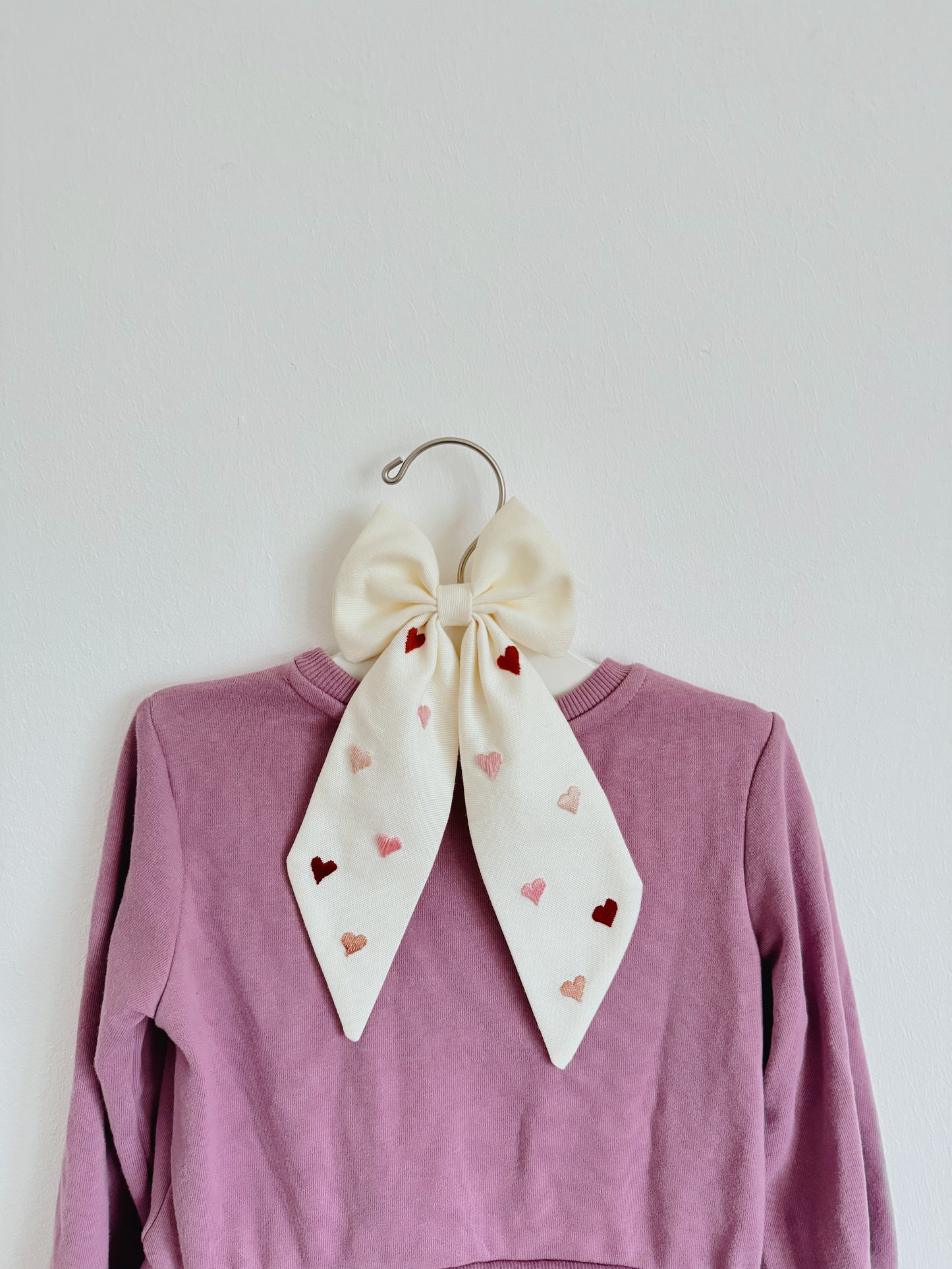 Heart Embroidered Cream Bow