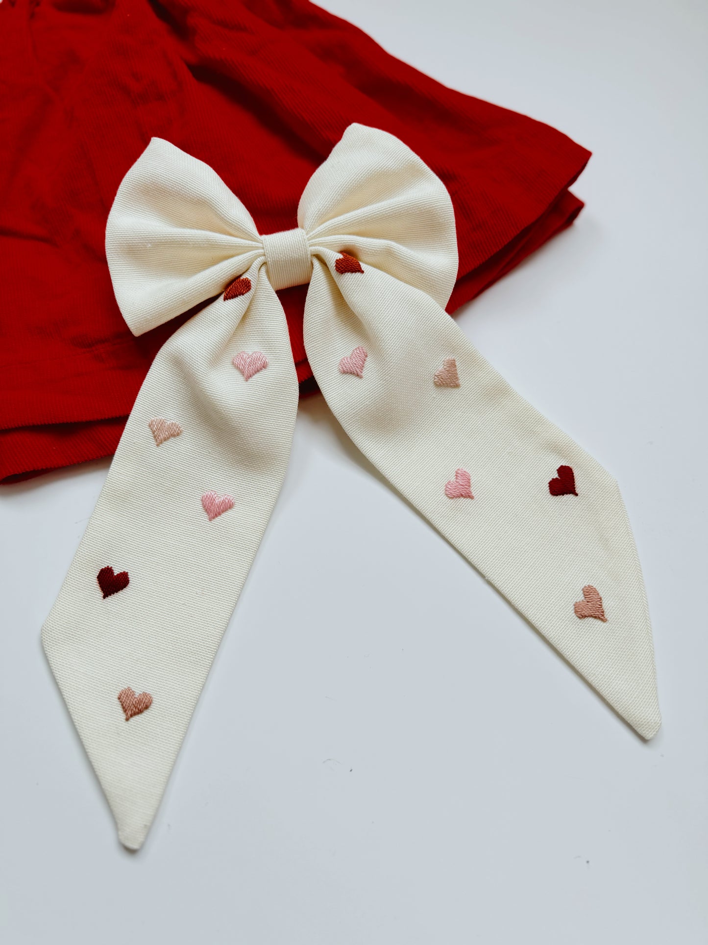 Heart Embroidered Cream Bow