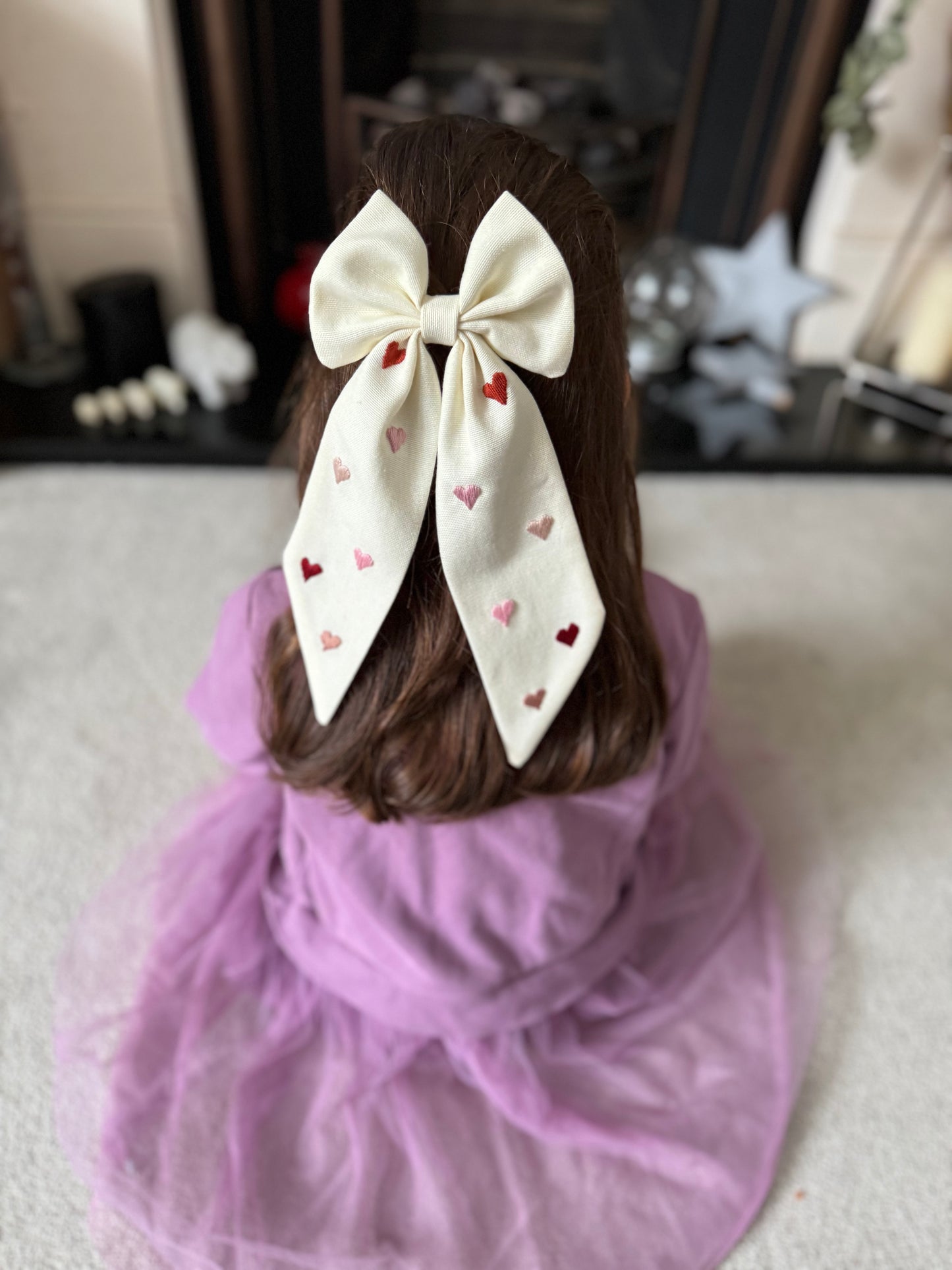 Heart Embroidered Cream Bow