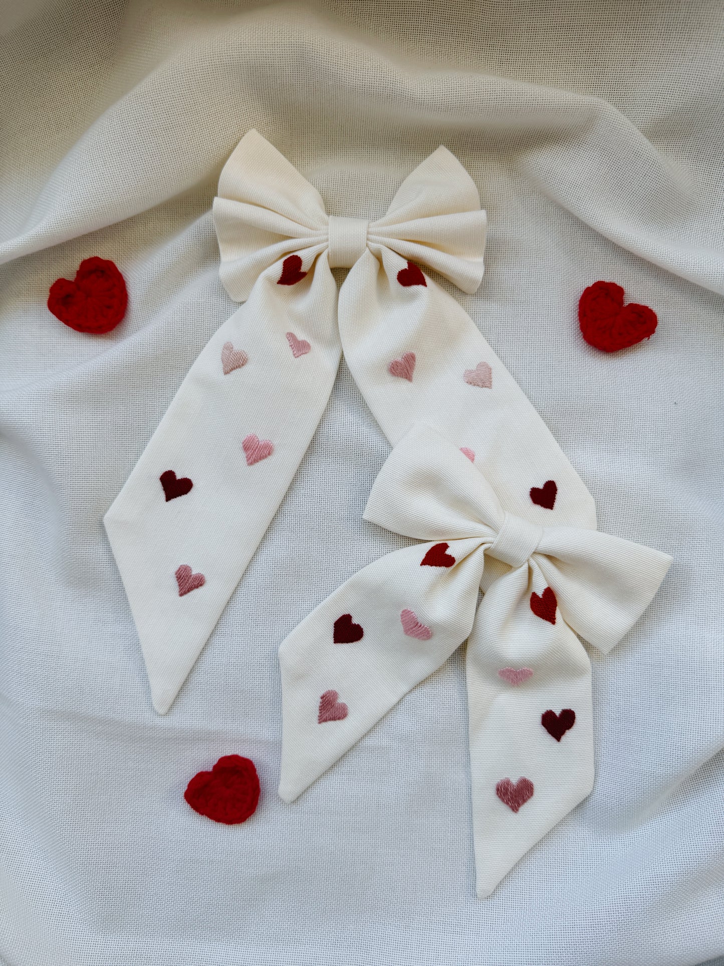 Heart Embroidered Cream Bow